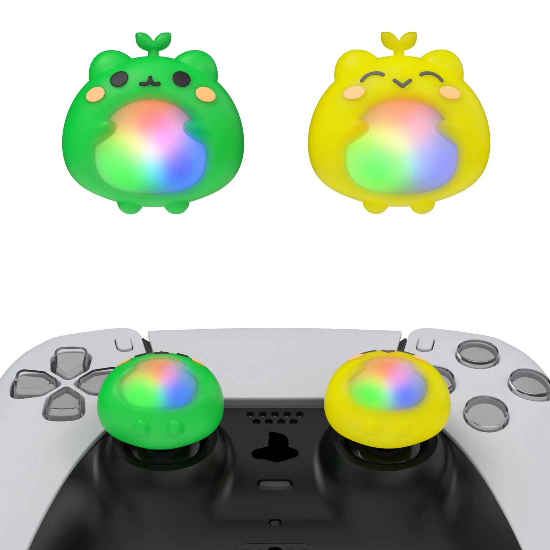 PlayVital Cute Universal Illuminated LED Thumbstick Grips for ps5 & ps4 & Xbox Series X/S & Xbox One & Switch Pro Controller - Frog Green & Yellow - PJM6001