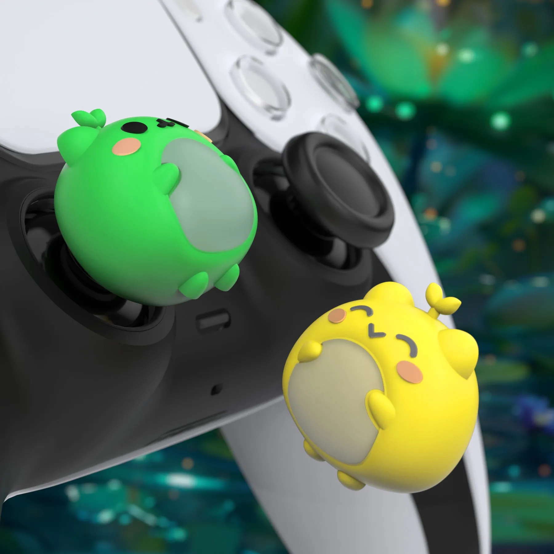 PlayVital Cute Universal Illuminated LED Thumbstick Grips for ps5 & ps4 & Xbox Series X/S & Xbox One & Switch Pro Controller - Frog Green & Yellow - PJM6001