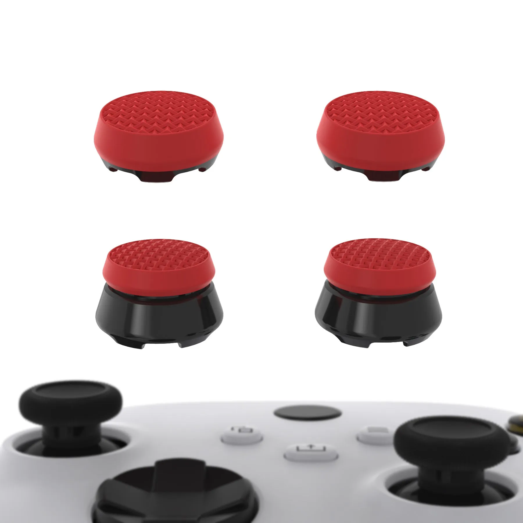 PlayVital Thumbs Pro ARMOR Thumbstick Extender for Xbox Core Controller, for Xbox Series X/S Controller, Joystick Caps Grip for Xbox One Controller - 2 High Raise and 2 Mid Raise Dome - Scarlet Red & Black - PJM5010