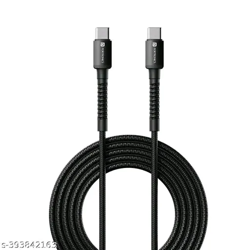 Portronics Konnect X 60W Type-C to Type-C Fast Charging Cable - 2M Nylon Braided, Durable  Tangle-Free (Black)