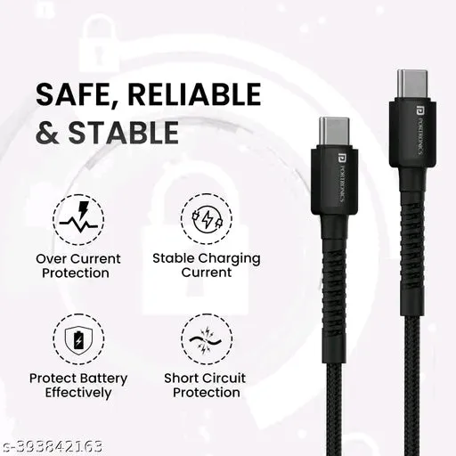 Portronics Konnect X 60W Type-C to Type-C Fast Charging Cable - 2M Nylon Braided, Durable  Tangle-Free (Black)