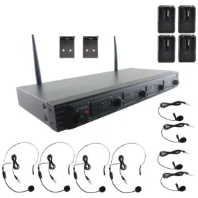 Pyle PDWM4560 UHF Quad Channel Fixed Frequency Wireless Microphone System (4 headset & 4 lavalier microphones)