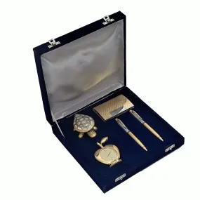 RELBEEScorporate Gift/Diwali Gift Items/Diwali Gifts 2 German Silver Gold Plated Ball Pen, Visiting Card Holder, Apple Table Clock and Fengshui Tortoise Gift Set Corporate Gift Set