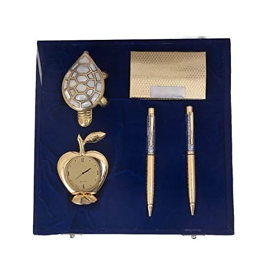 RELBEEScorporate Gift/Diwali Gift Items/Diwali Gifts 2 German Silver Gold Plated Ball Pen, Visiting Card Holder, Apple Table Clock and Fengshui Tortoise Gift Set Corporate Gift Set