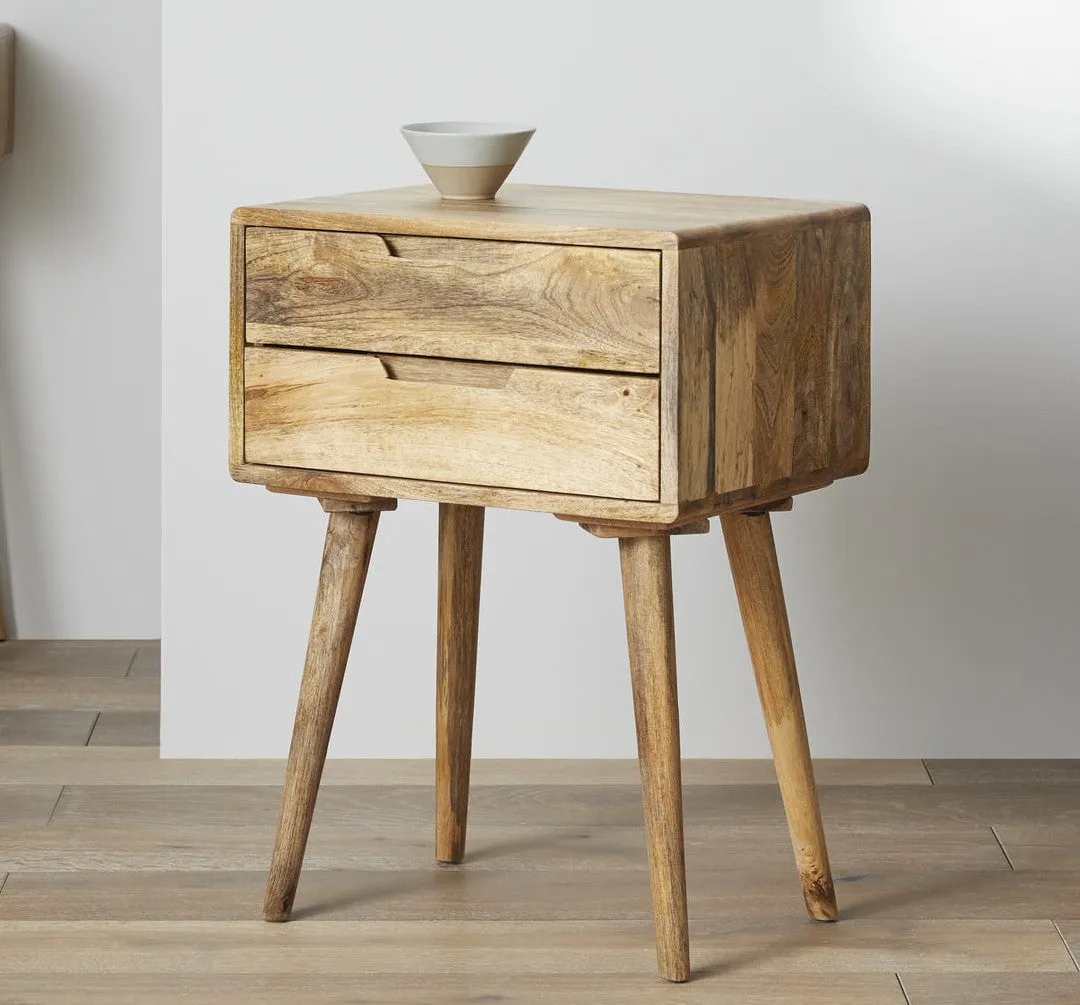 Rustic Mango Wood Bedside Table with 2 Drawers