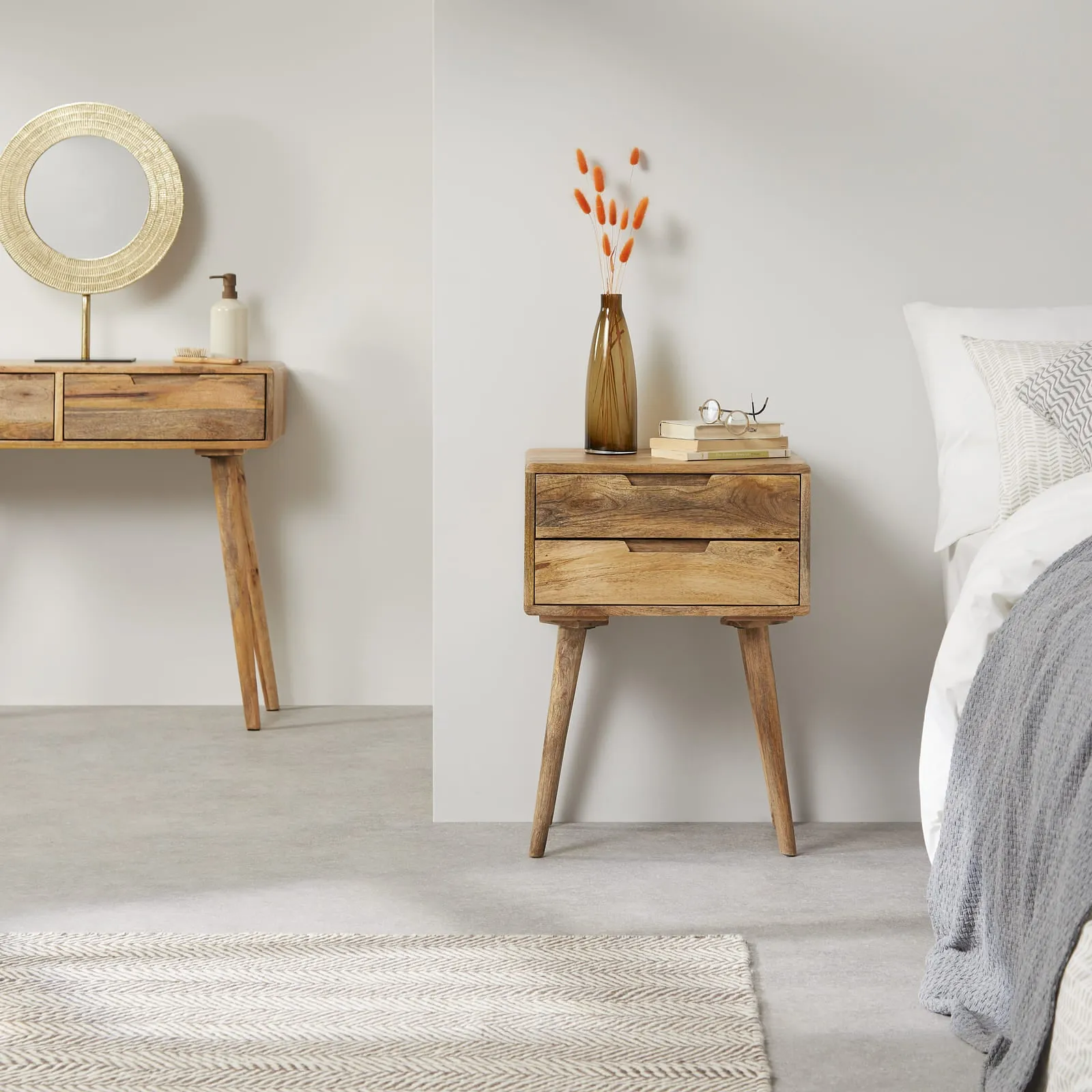 Rustic Mango Wood Bedside Table with 2 Drawers