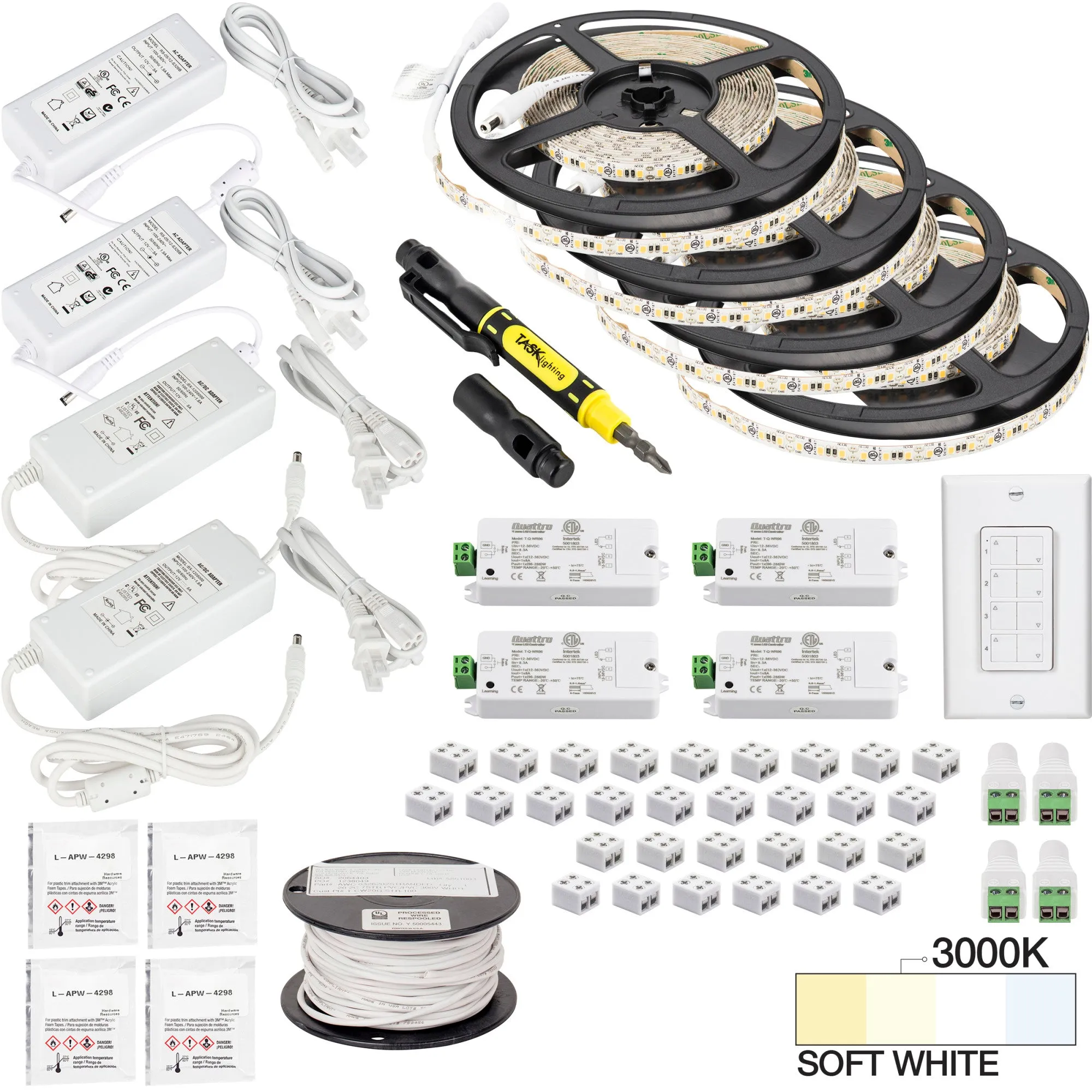 Task Lighting 65 Ft., 225 Lumens/Ft. 12-volt Standard Output Quattro Wireless Controller Tape Light Kit, 4 Zone 4 Area, Single-White, L-VK4Z4A-65