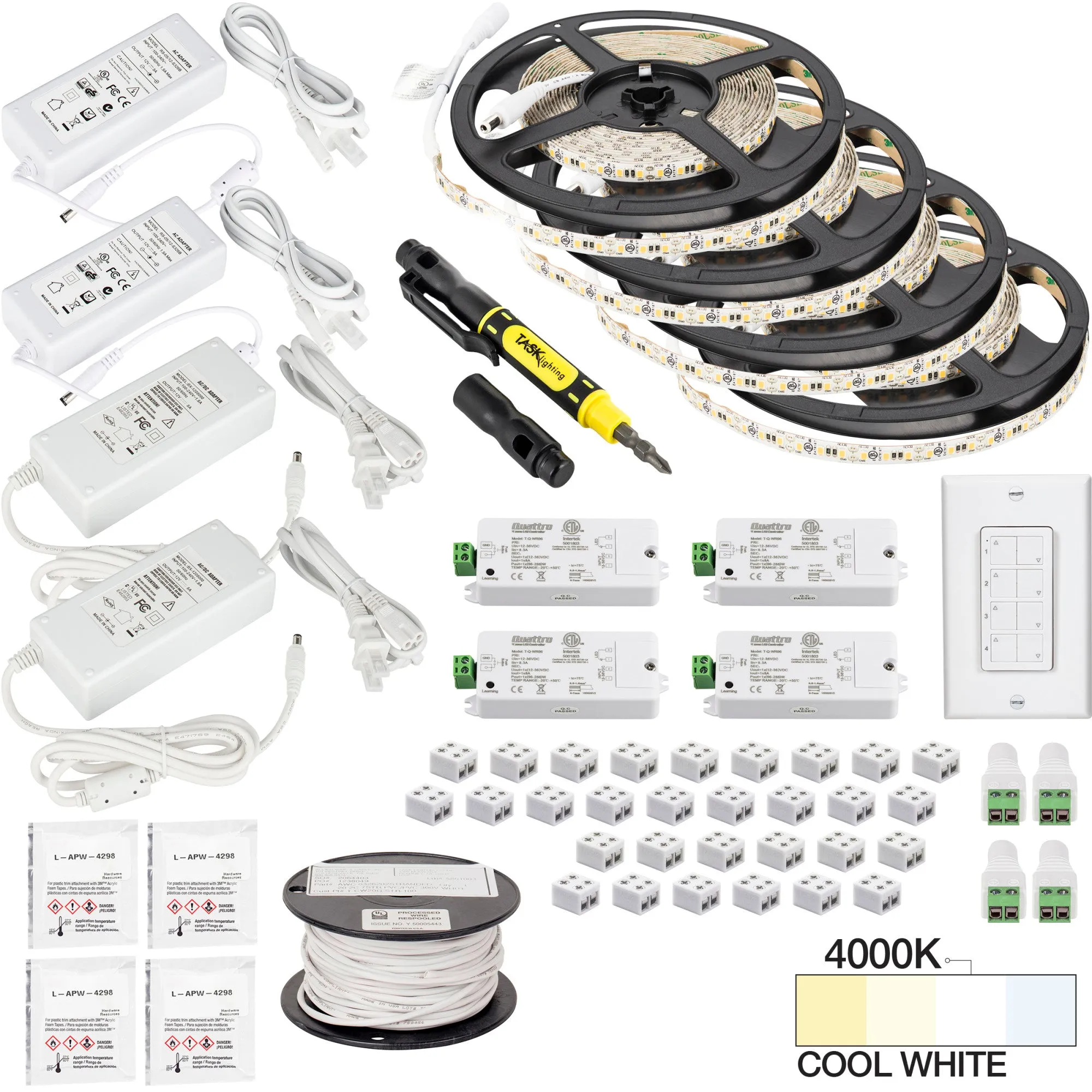 Task Lighting 65 Ft., 225 Lumens/Ft. 12-volt Standard Output Quattro Wireless Controller Tape Light Kit, 4 Zone 4 Area, Single-White, L-VK4Z4A-65