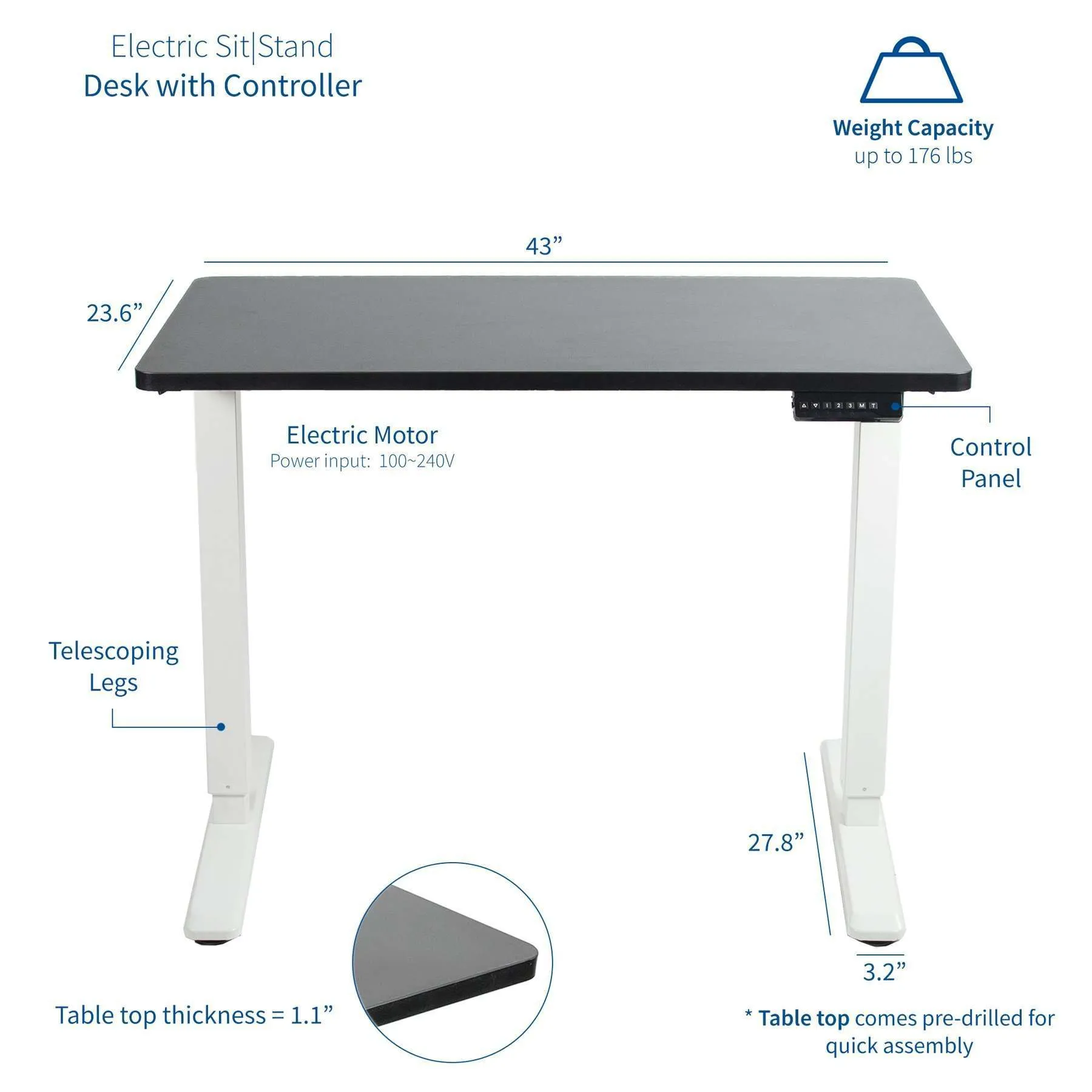 VIVO Electric 43”x24” Standing Desk, Black TableTop White Frame,  DESK-KIT-1W4B