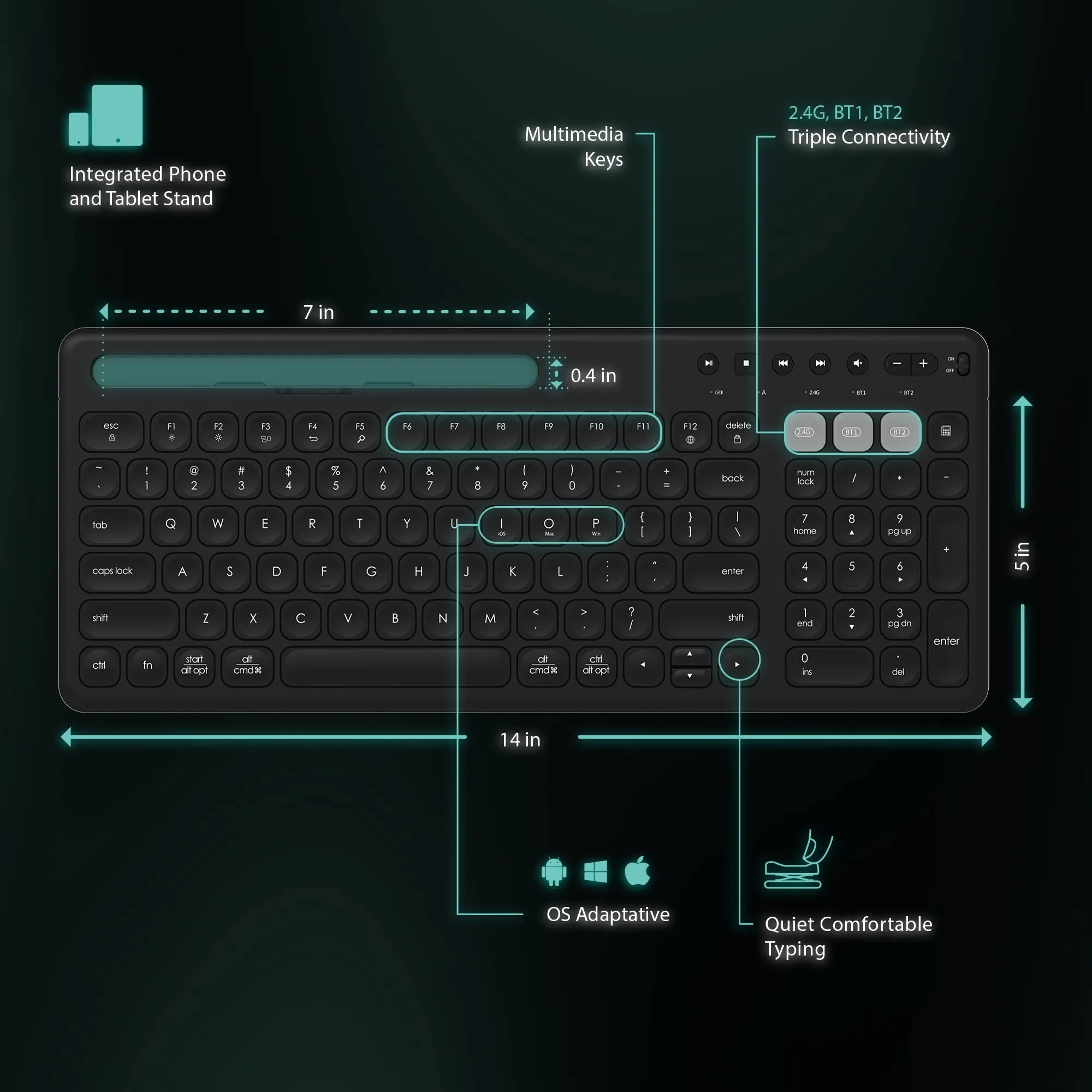 Vortec Multi Device Bluetooth Wireless Keyboard with Stand Black