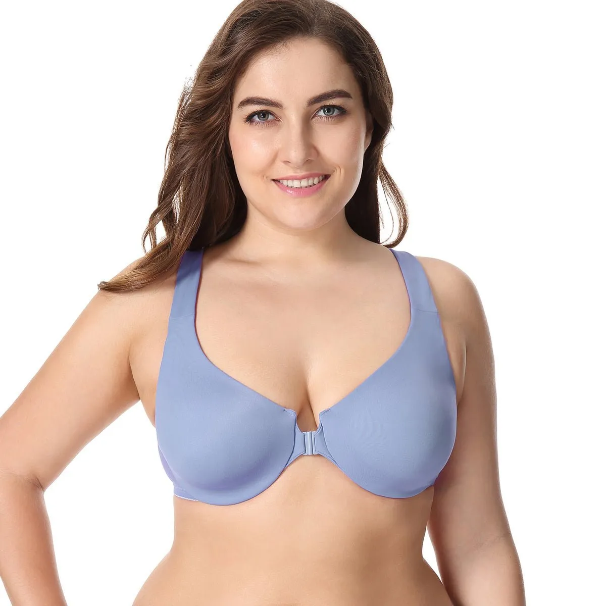 Wide Padded Straps Front Closure Underwire Plus Size Blue Full Coverage Bra