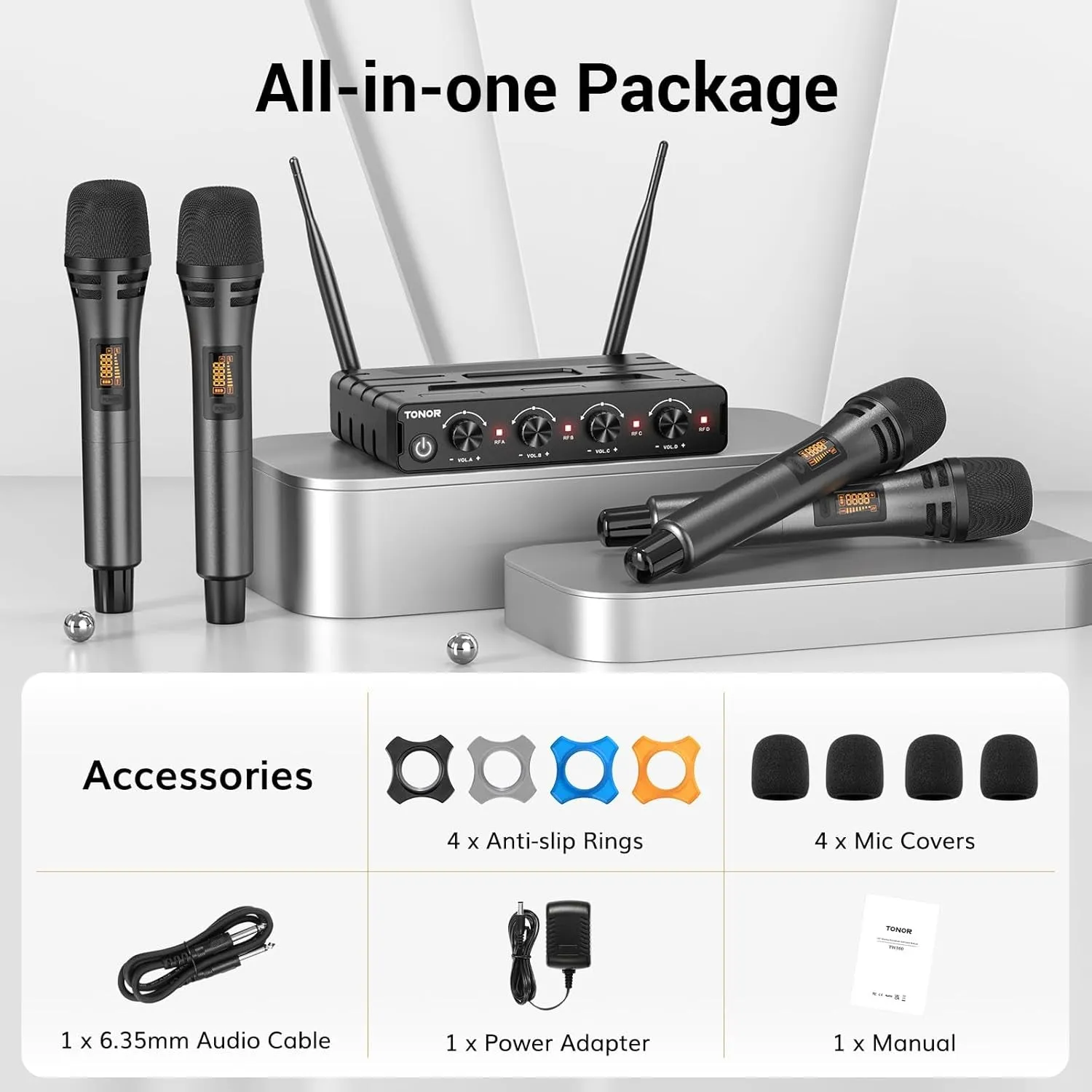 Wireless Microphones System, 4x5 Channels Cordless Handheld Dynamic Mic with Receiver, 60M UHF Range, Mics with stable signal Transmission for Karaoke Singing Party Church Wedding DJ PA Speaker