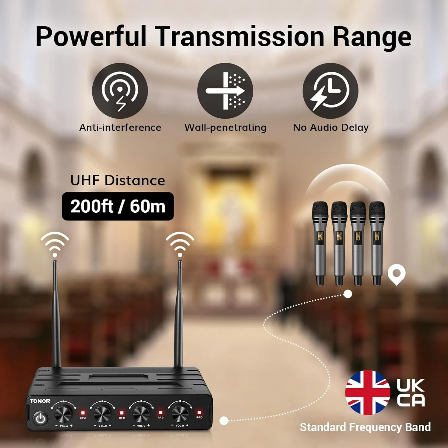 Wireless Microphones System, 4x5 Channels Cordless Handheld Dynamic Mic with Receiver, 60M UHF Range, Mics with stable signal Transmission for Karaoke Singing Party Church Wedding DJ PA Speaker